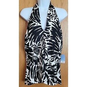 Swim Top Women's 18 V-Neck Black Ivory Halter Solid Padded XL Lands End S10